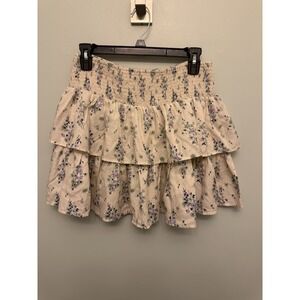 Aerie Floral Tiered Mini Skirt Medium Boho Cottagecore Cream Lilac Ruffle NWT